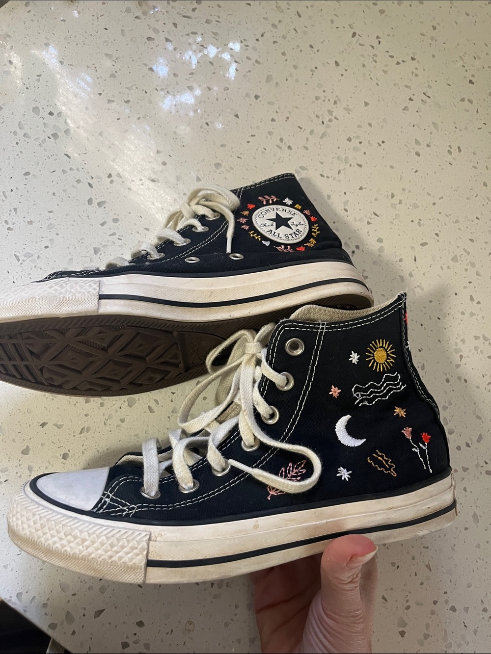 Converse Black High Top Sneakers with Embroidered Sun, Moon & Floral Accents